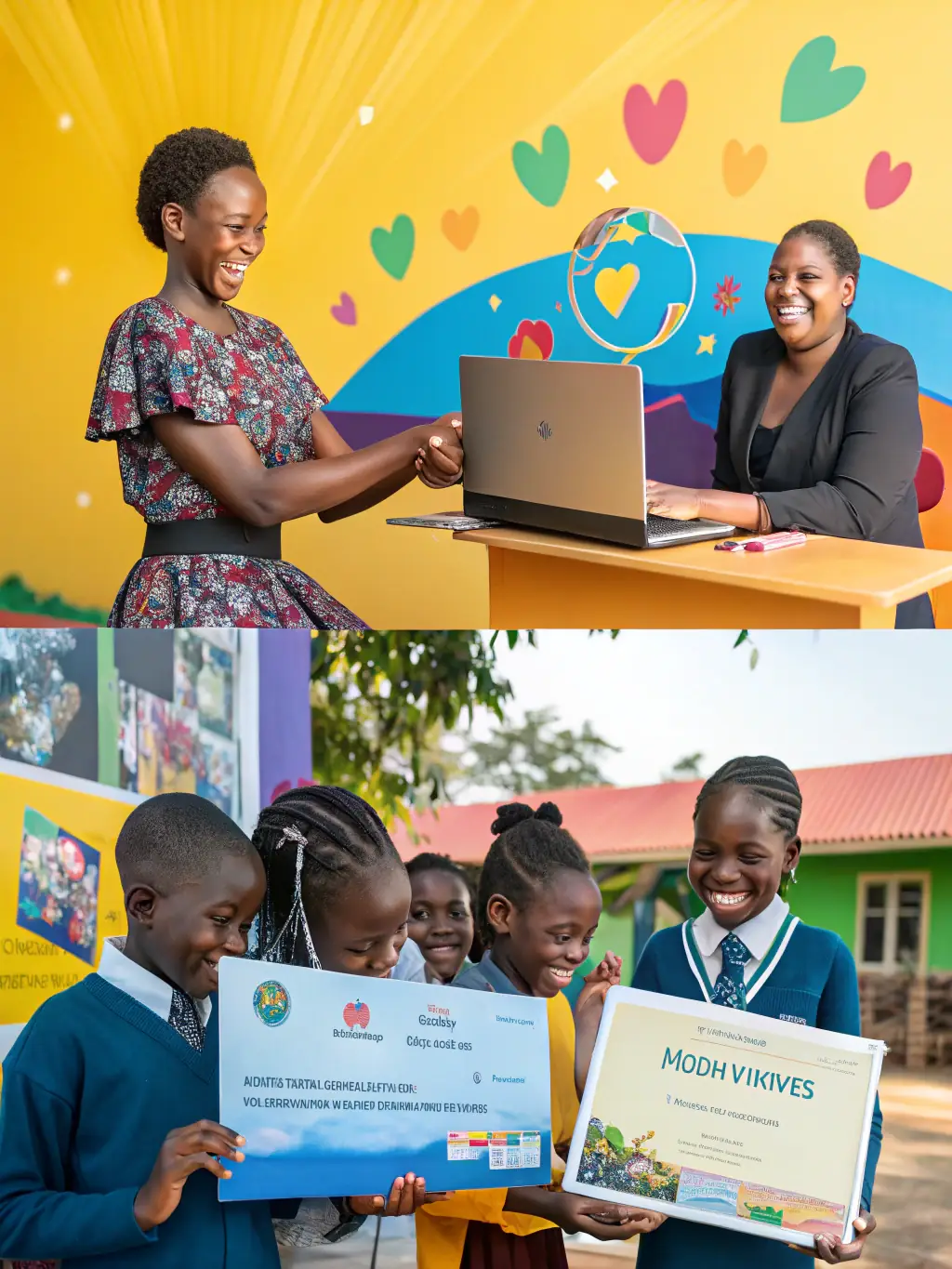 A collage of photos showcasing various EMGC initiatives, including scholarship awards, computer donations, and book distributions. The photos feature smiling students and teachers.
