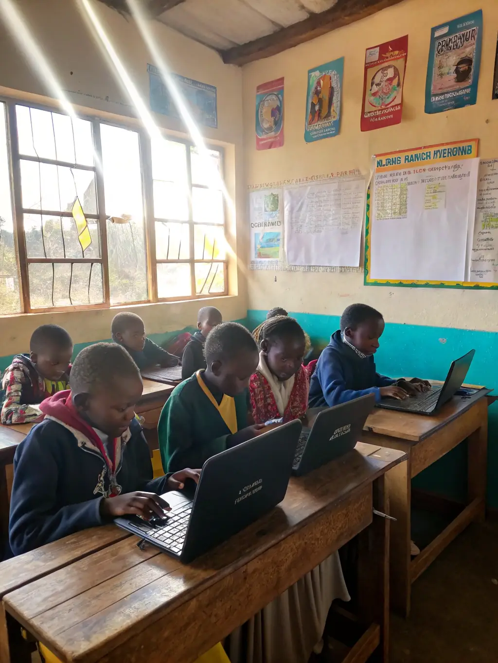 A group of students using new computers in a school lab, donated by Ex Mays Global Charity. The students are engaged and focused on their work.