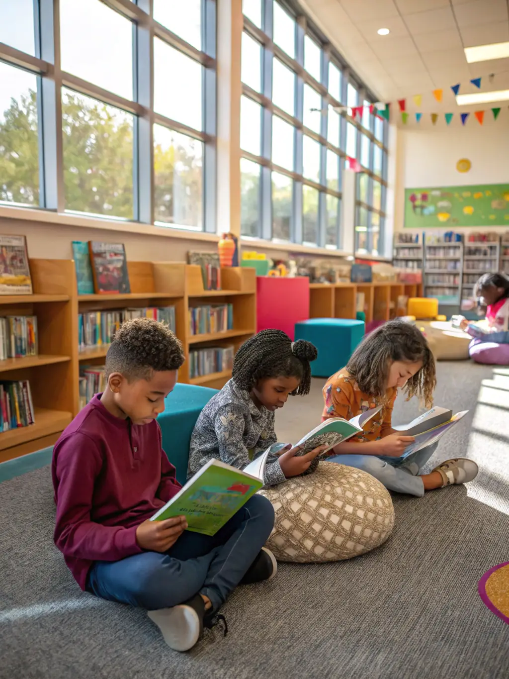 A photo of a well-stocked school library with new books donated by Ex Mays Global Charity. Students are browsing the shelves and reading.